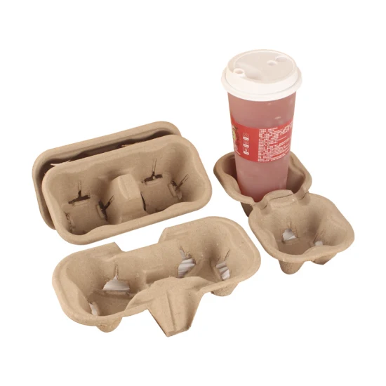 Tea Pulp Fiber Drink Carry Tray Packaging Disposable Portable Coffee Paper Cup Holder Trays with Handle